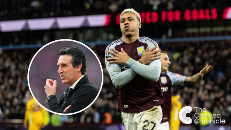 Aston Villa's Morgan Rogers celebrates scoring his side's second goal during the Premier League match. Unai Emery, Manager of Aston Villa, reacts d...