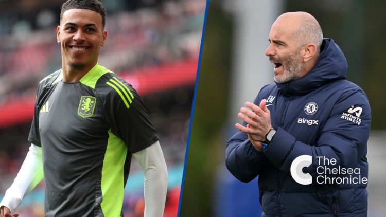 Split image - Aston Villa star Morgan Rogers smiling in warm up and Chelsea manager Enzo Maresca taking training