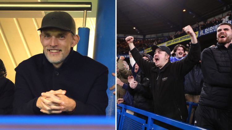 Split image of Thomas Tuchel (L) smiling and Chelsea fans (R) celebrating.