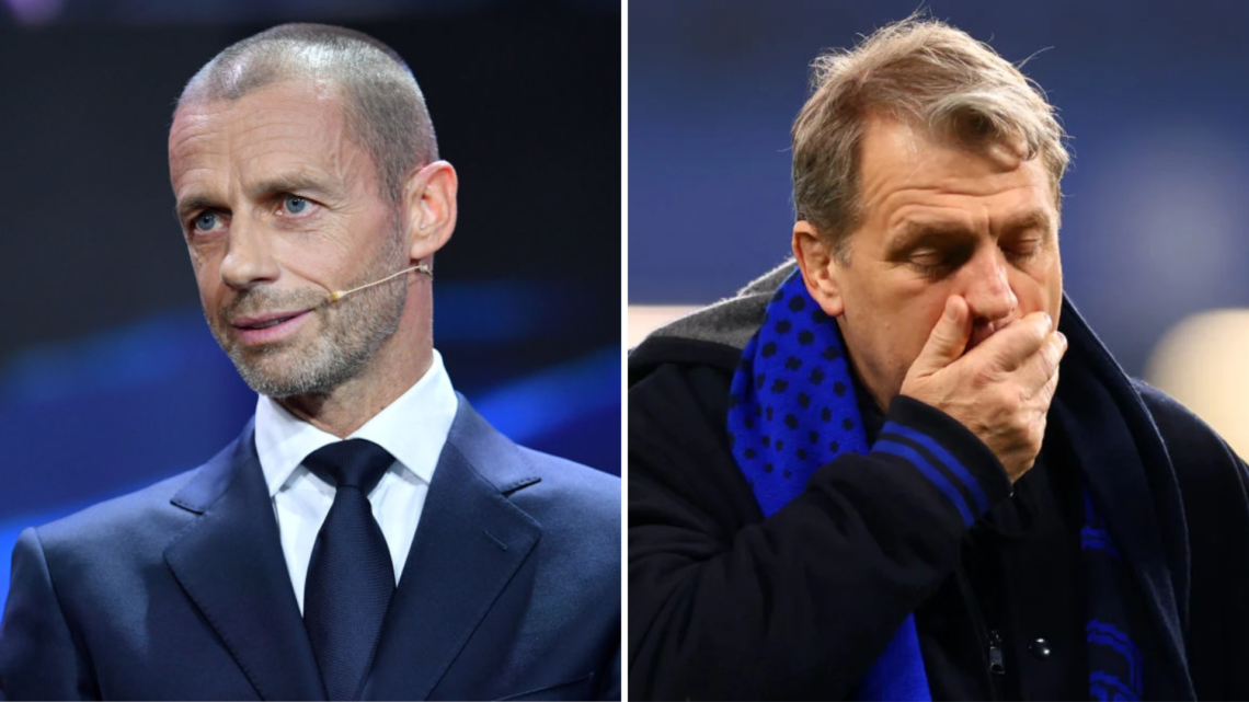 Split image - UEFA president Aleksander Ceferin at Champions League draw and Chelsea owner Todd Boehly covering his mouth