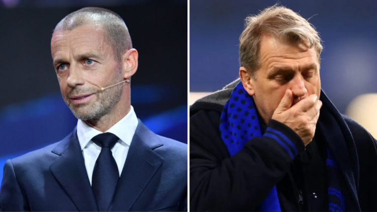 Split image - UEFA president Aleksander Ceferin at Champions League draw and Chelsea owner Todd Boehly covering his mouth