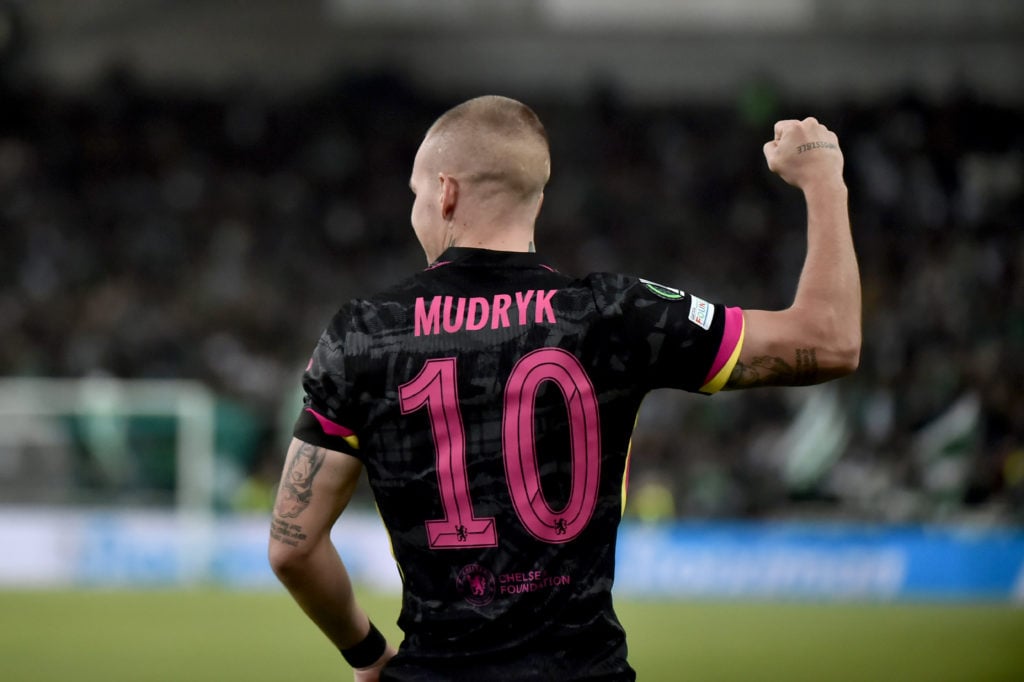 Mykhailo Mudryk of Chelsea celebrates a goal during the UEFA Conference League 2024/25 League Phase MD2 match between Panathinaikos FC and Chelsea FC