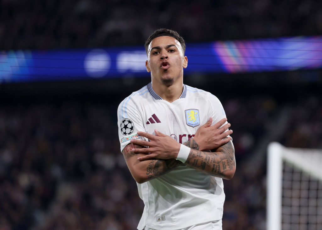 Morgan Rogers celebrates during Paris Saint-Germain v Aston Villa FC - UEFA Champions League 2024/25 Quarter Final First Leg