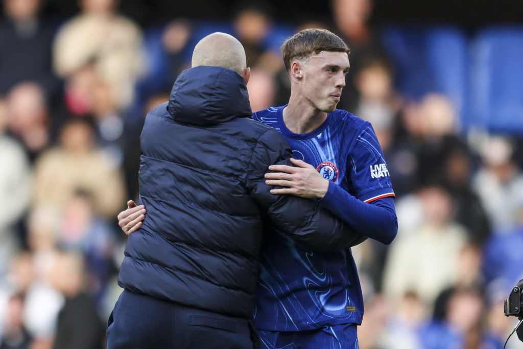 Enzo Maresca embraces Cole Palmer after Chelsea vs Liverpool