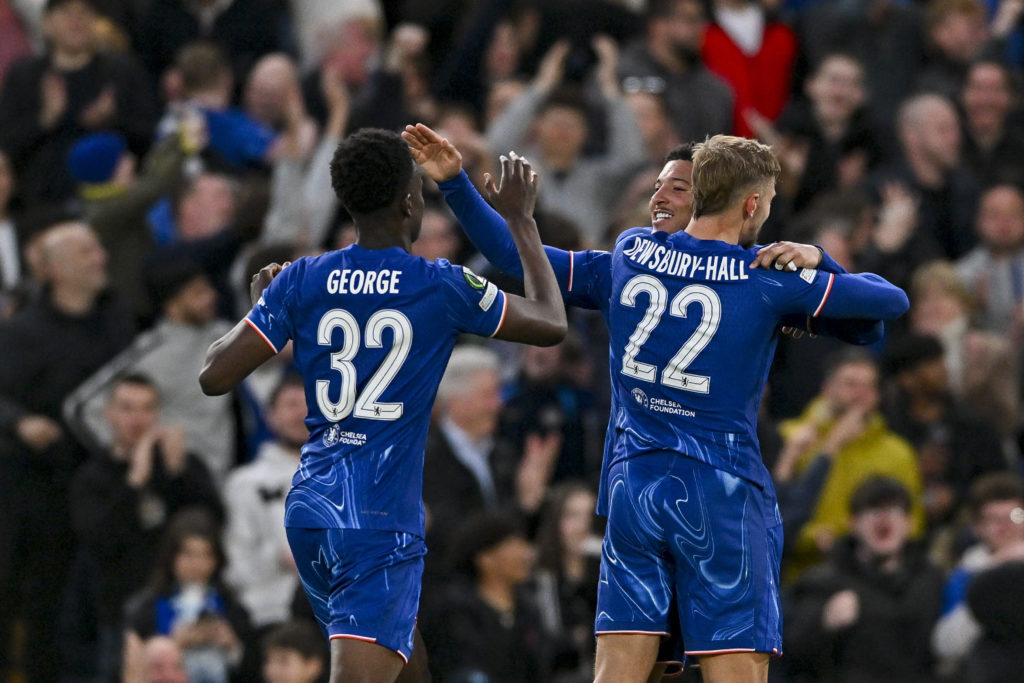 Chelsea players celebrate scoring in the Conference League against Djurgarden