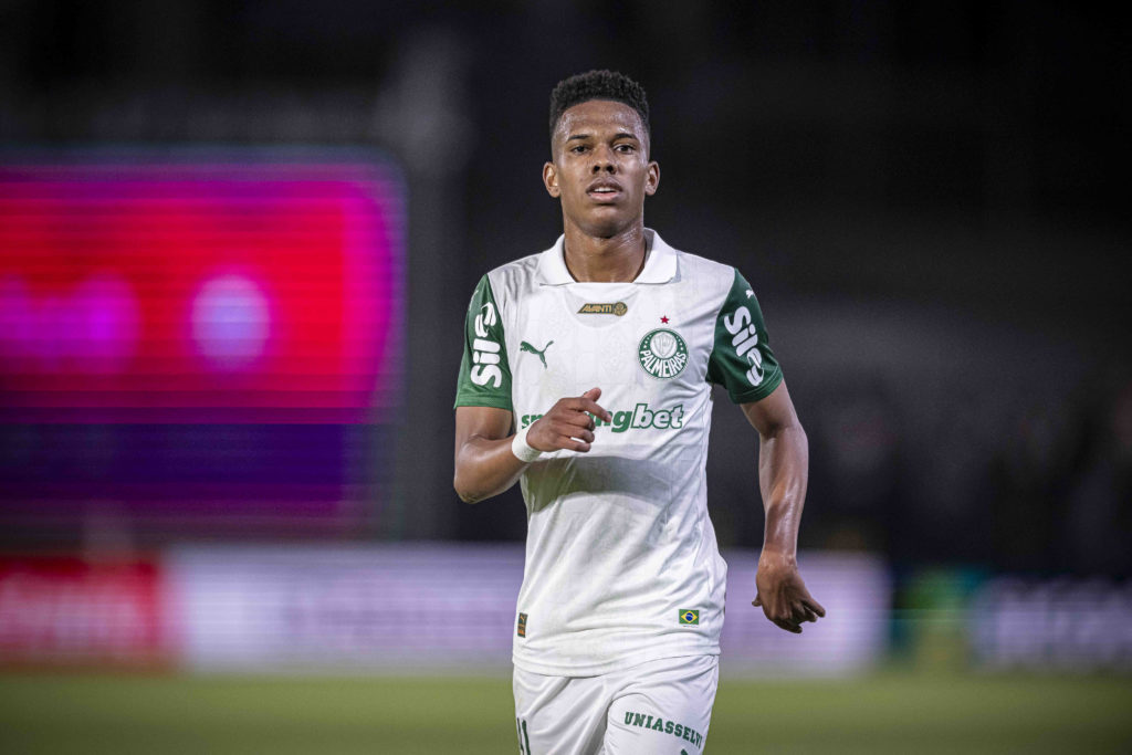 Estevao Willian of Palmeiras looks on during a Brasileirao 2025 match between Bragantino and Palmeiras