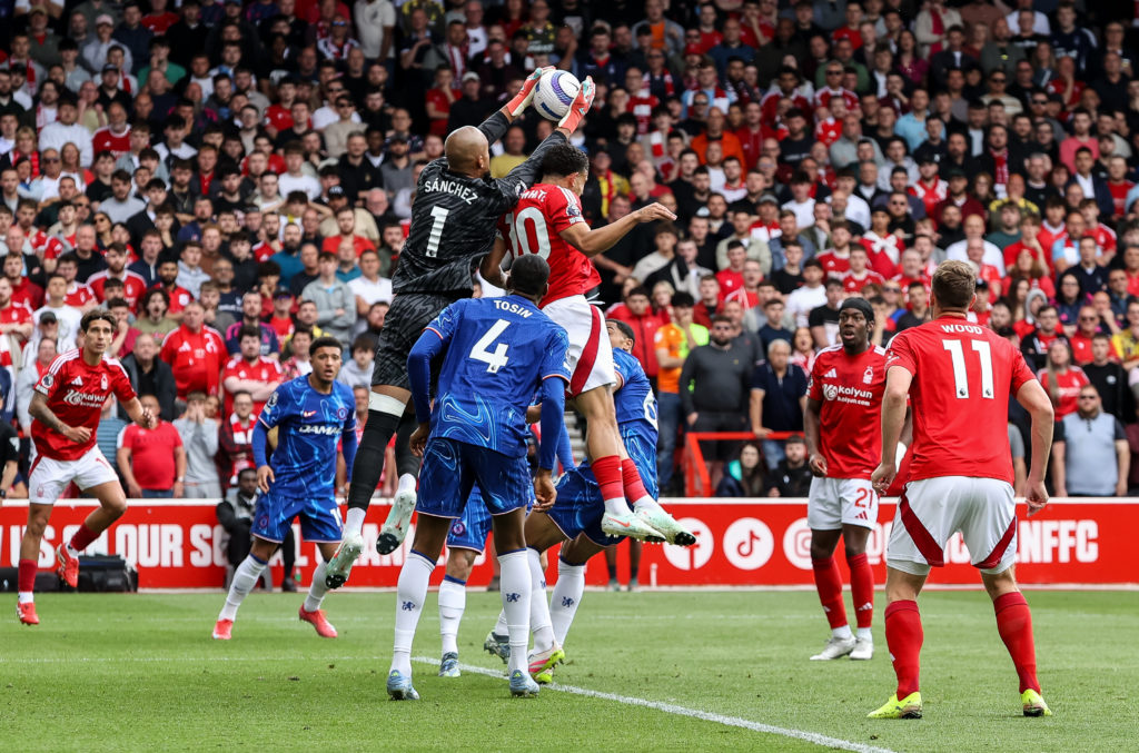 Robert Sanchez catches under pressure from Nottingham Forest's Morgan Gibbs-White