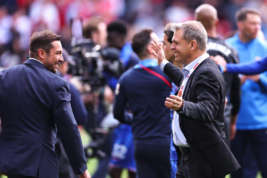 Chelsea co-owner Todd Boehly and sporting director Laurence Stewart celebrate after Nottingham Forest win
