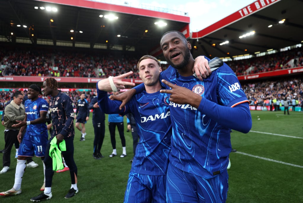 Tosin Adarabioyo and Cole Palmer celebrate Chelsea qualifying for the Champions League