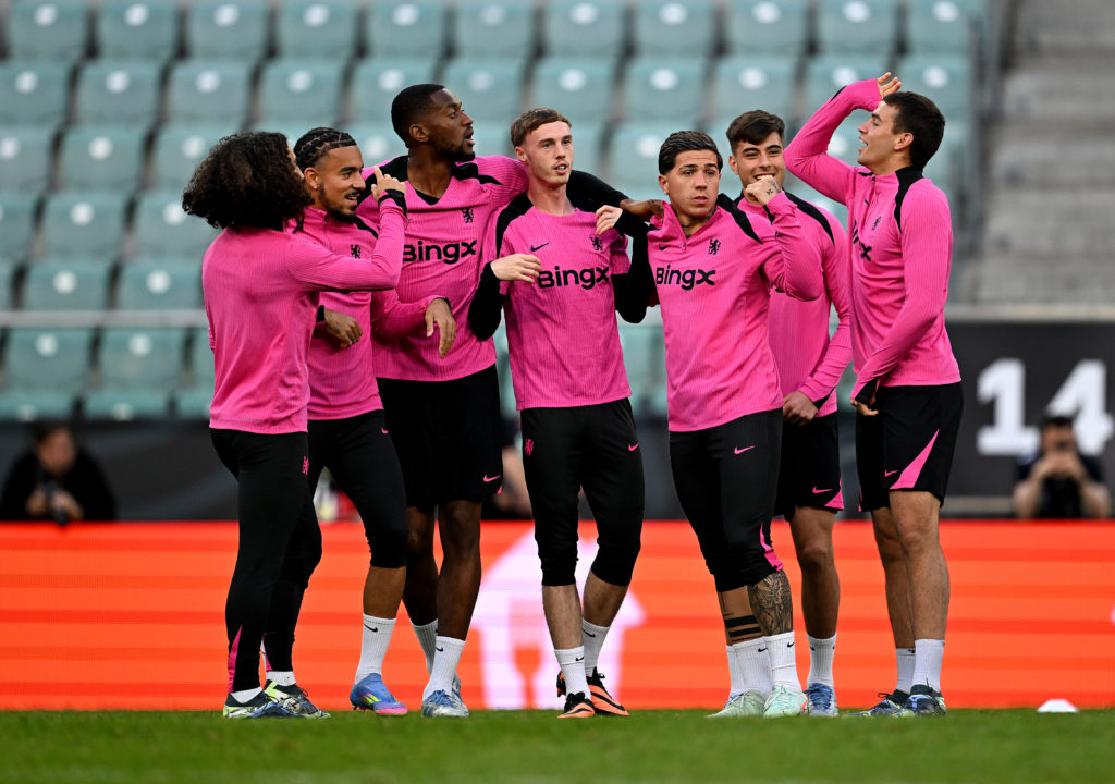 Chelsea players in a training session ahead of the Conference League final against Real Betis.
