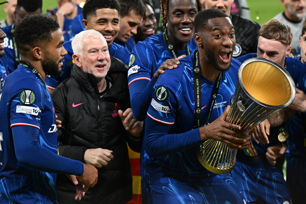 Chelsea defender Tosin Adarabioyo lifting Conference League trophy