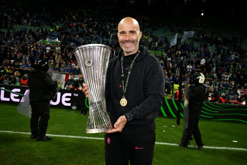 Enzo Maresca holds the trophy after Real Betis Balompie v Chelsea FC - UEFA Conference League Final 2025