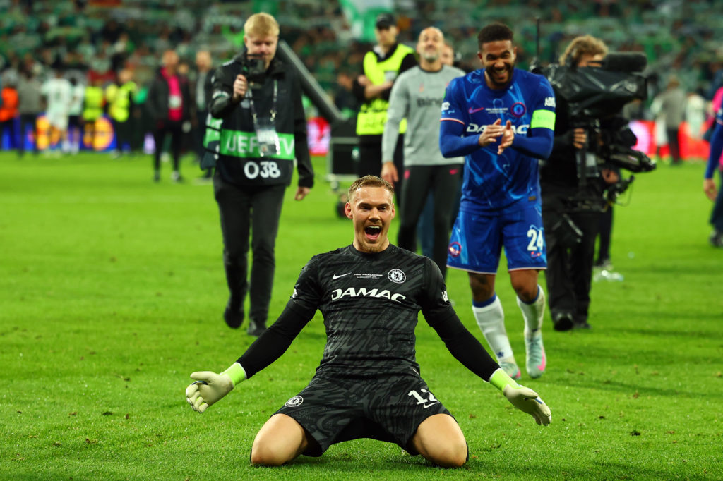 Filip Jorgensen celebrates during Real Betis Balompie v Chelsea FC - UEFA Conference League Final 2025