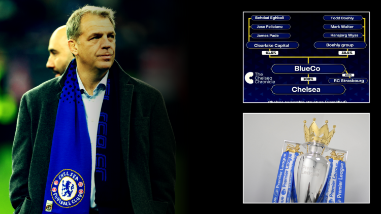 Split image with Todd Boehly wearing a Chelsea scarf and two inset pictures of the Premier League trophy and a graph of the Chelsea ownership struc...
