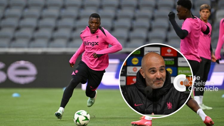 Moises Caicedo of Chelsea during a training session and press conference ahead of their UEFA Conference League 2024/25 semi final. Head Coach Enzo ...