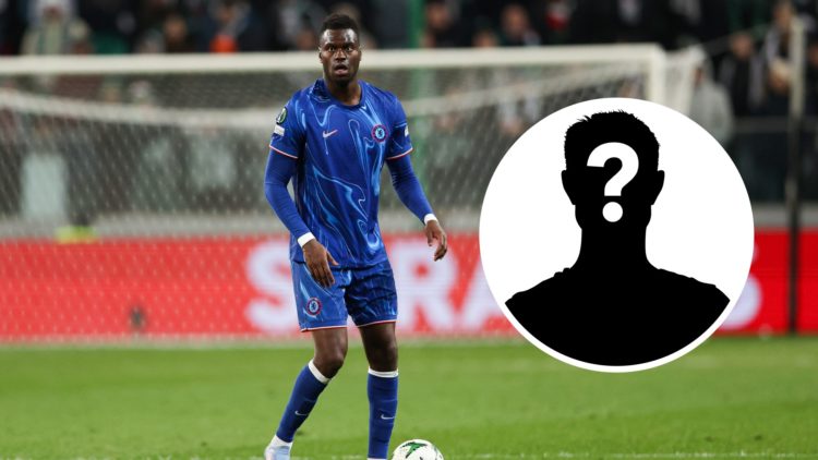 Benoit Badiashile playing for Chelsea in the Conference League. Inset, mystery football player