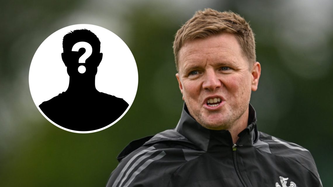 Newcastle United manager Eddie Howe in training. Inset, mystery football player