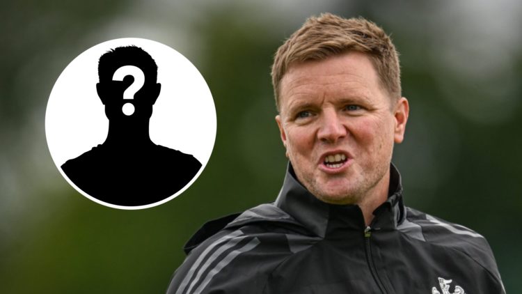 Newcastle United manager Eddie Howe in training. Inset, mystery football player