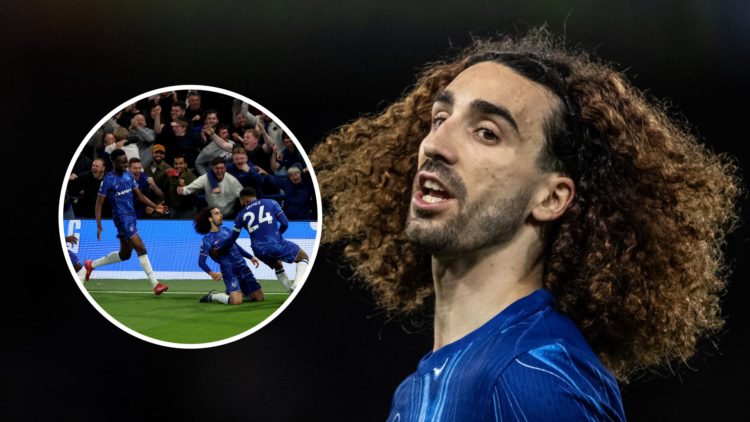 Chelsea defender Marc Cucurella playing against Copenhagen in the Conference League. Inset Marc Cucurella celebrating his goal against Manchester U...