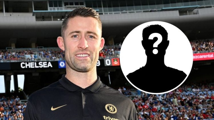 Gary Cahill watching Chelsea against Wrexham in pre-season. Inset, mystery football player