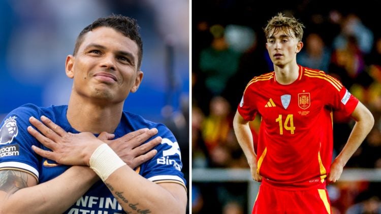 Split image - Thiago Silva acknowledging Chelsea supporters after final appearance for club and Dean Huijsen looks on during the UEFA Nations Leagu...