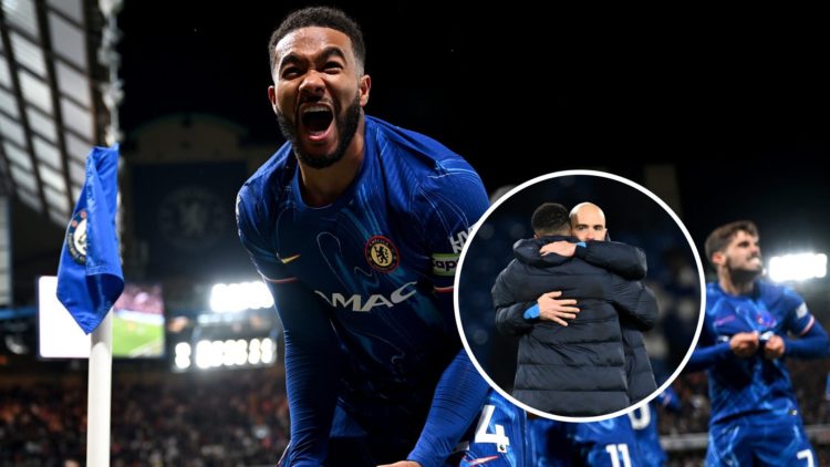 Reece James of Chelsea celebrates after Marc Cucurella of Chelsea (not pictured) scores his team's first goal during the Premier League match betwe...