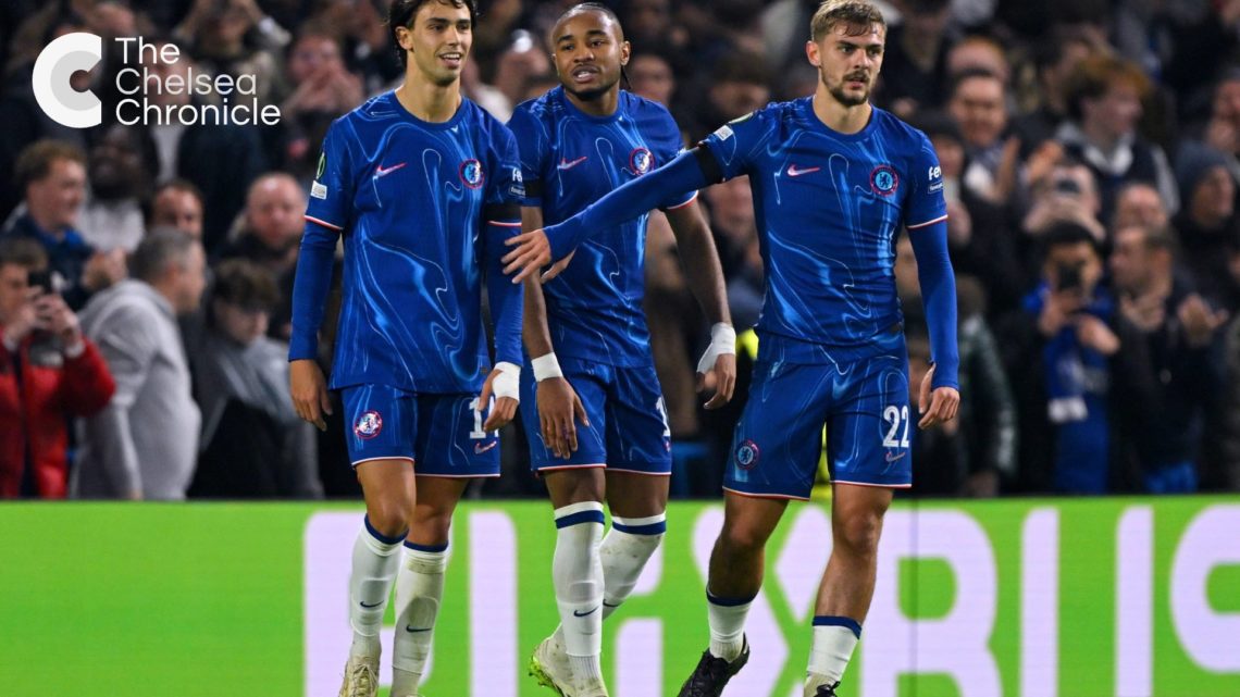 Christopher Nkunku of Chelsea celebrates with teammates Joao Felix and Kiernan Dewsbury-Hall