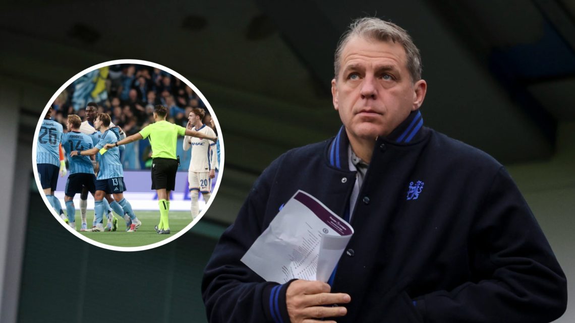 Chelsea co-owner Todd Boehly at Stamford Bridge. Inset, Chelsea and Djurgarden players in the Conference League