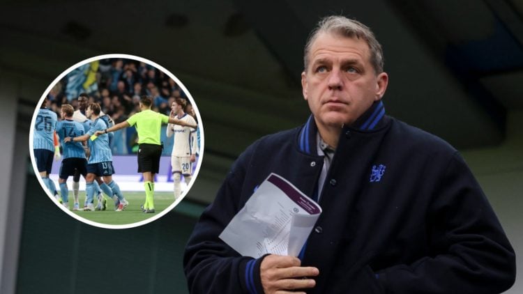 Chelsea co-owner Todd Boehly at Stamford Bridge. Inset, Chelsea and Djurgarden players in the Conference League