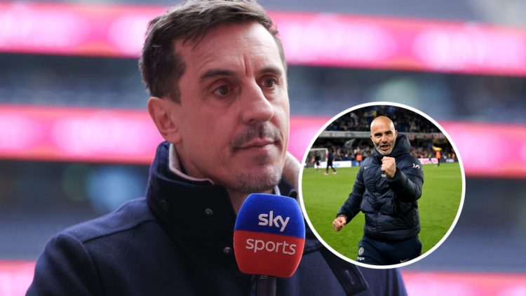 Sky Sports pundit Gary Neville looks on prior to the Premier League match between Tottenham Hotspur FC and Manchester United FC. Enzo Maresca, Mana...