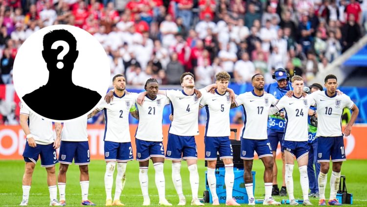 England players line up during a penalty shoot out during match between England and Switzerland at Euro 2024, inset mystery player