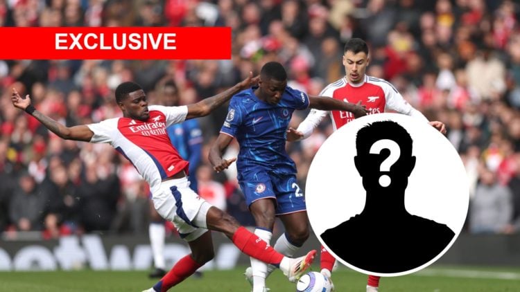 Moises Caicedo of Chelsea is challenged by Thomas Partey and Gabriel Martinelli of Arsenal during the Premier League match between Arsenal FC and C...