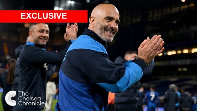 Enzo Maresca, Manager of Chelsea, applauds the fans following the Premier League match between Chelsea FC and Manchester United FC