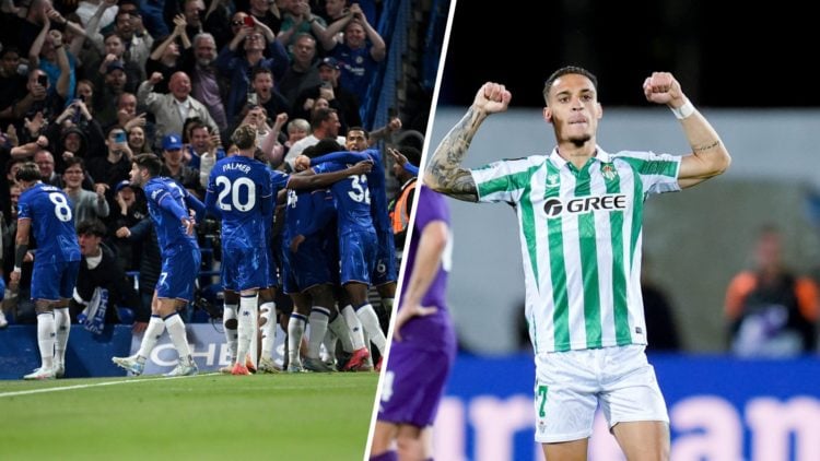 Marc Cucurella of Chelsea celebrates scoring his team's first goal with team mates during the Premier League match between Chelsea FC and Mancheste...