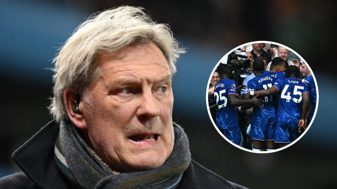 Glenn Hoddle as a pundit. Inset, Chelsea players celebrating Nicolas Jackson's goal in the Premier League against Everton
