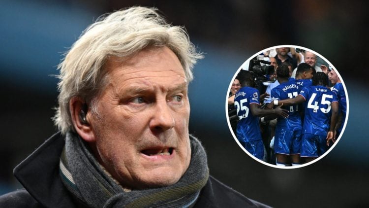 Glenn Hoddle as a pundit. Inset, Chelsea players celebrating Nicolas Jackson's goal in the Premier League against Everton