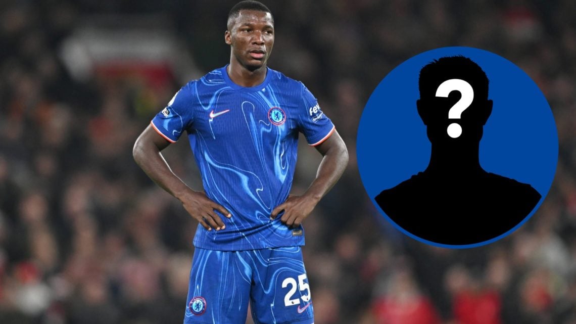 Moises Caicedo looks on during the Premier League match between Manchester United and Chelsea, inset mystery player