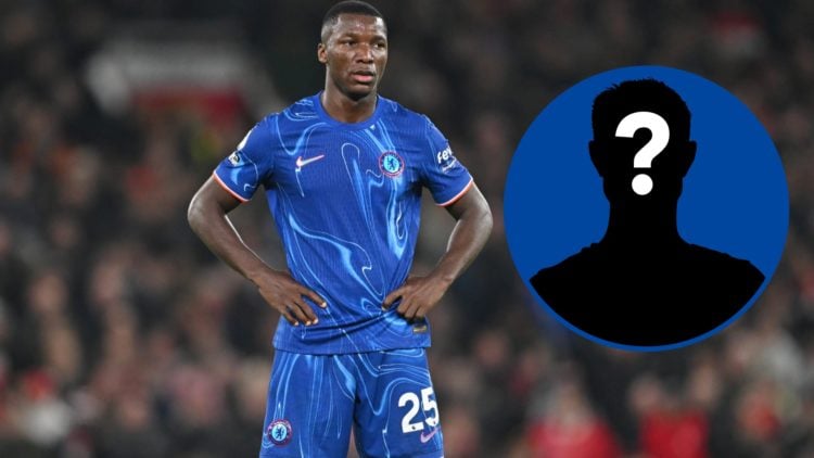Moises Caicedo looks on during the Premier League match between Manchester United and Chelsea, inset mystery player
