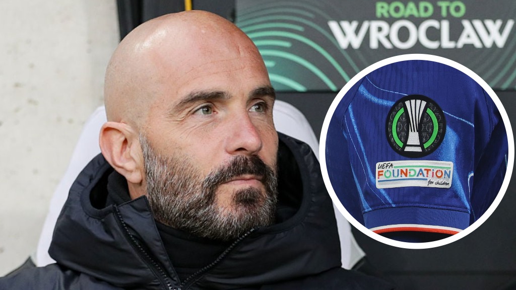 Chelsea manager Enzo Maresca during a Conference League match against Legia Warsaw. Inset, the Conference League logo on Chelsea's kit