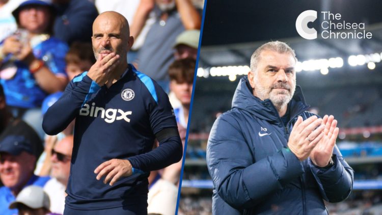 Split image - Enzo Maresca during match between Chelsea and Crystal Palace and Ange Postecoglou of Tottenham thanks fans after losing to Newcastle