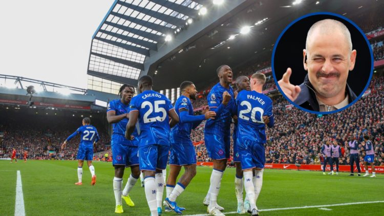 Split image - Chelsea players celebrate Nicolas Jackson's equaliser against Liverpool and Joe Cole during match between Newcastle United and Arsenal