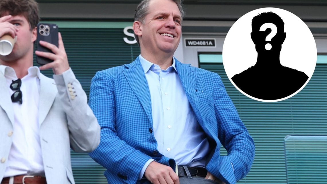 Chelsea owner Todd Boehly stands in the directors box during match between Chelsea and Leicester City, inset mystery player