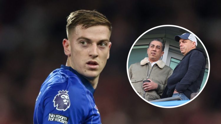 Ipswich Town striker Liam Delap playing in the Premier League. Inset, Chelsea co-owners Todd Boehly and Behdad Eghbali at Stamford Bridge