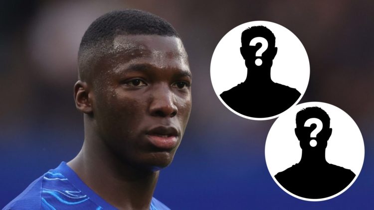 Chelsea star Moises Caicedo playing against Ipswich Town in the Premier League. Inset one, mystery football player. Inset two, mystery football player