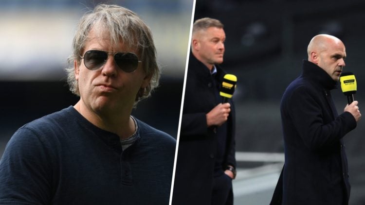 Split image - Chelsea owner Todd Boehly comes onto the pitch to join the lap of honour and Danny Murphy working as TV pundit for the BBC