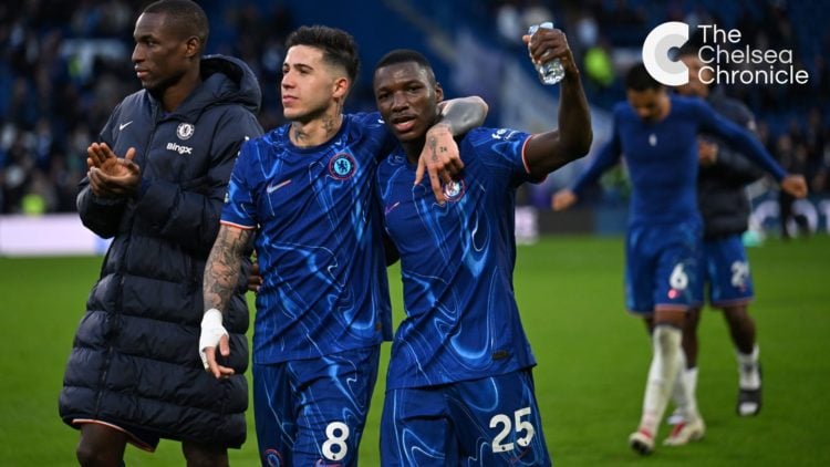Enzo Fernandez and Moises Caicedo of Chelsea celebrate following the team's victory