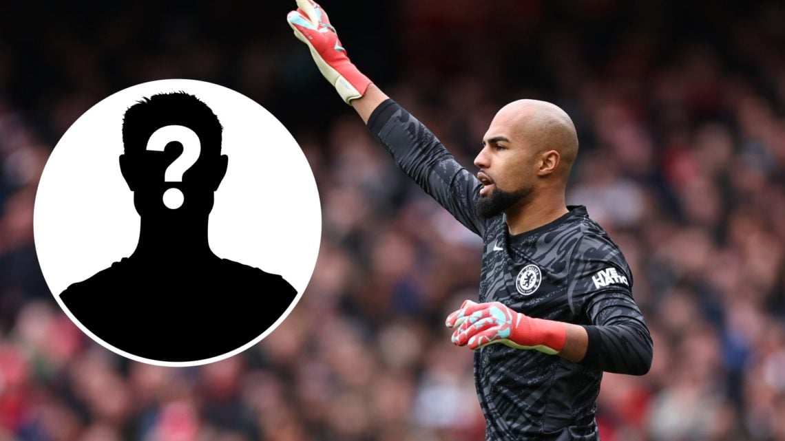 Robert Sanchez pointing during match between Arsenal and Chelsea, inset mystery player