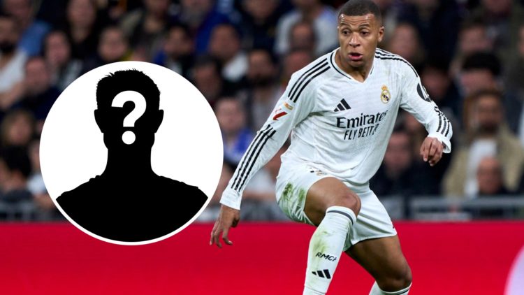 Real Madrid attacker Kylian Mbappe playing against Atletico Madrid in La Liga. Inset, mystery football player.