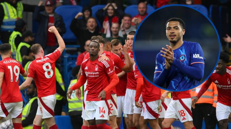 Nottingham Forest players celebrating goal against Chelsea, inset Levi Colwill applauds Chelsea fans after victory against Tottenham