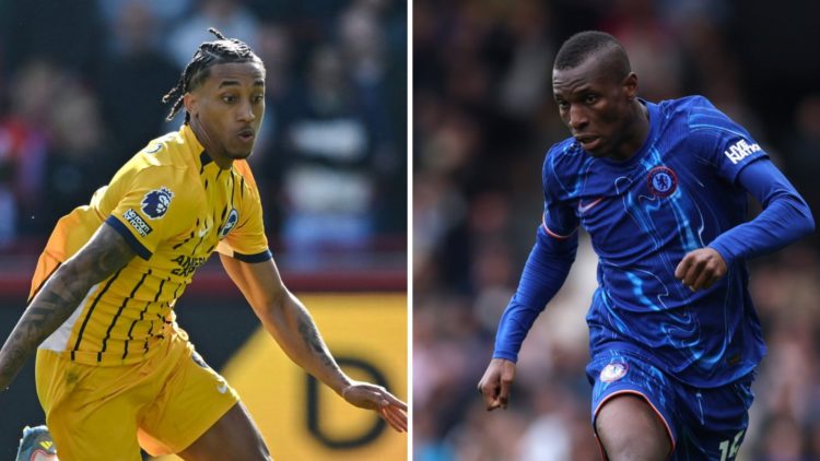 Picture one Brighton forward Joao Pedro playing in the Premier League. Picture two Chelsea striker Nicolas Jackson playing in the Premier League